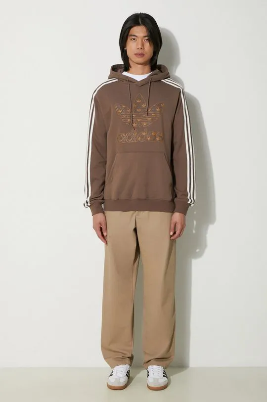 adidas Originals cotton sweatshirt men's beige color hooded with a print IS0259