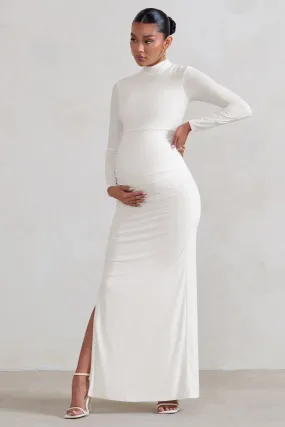 Alejandra | White Maternity Long Sleeve High Neck Maxi Dress