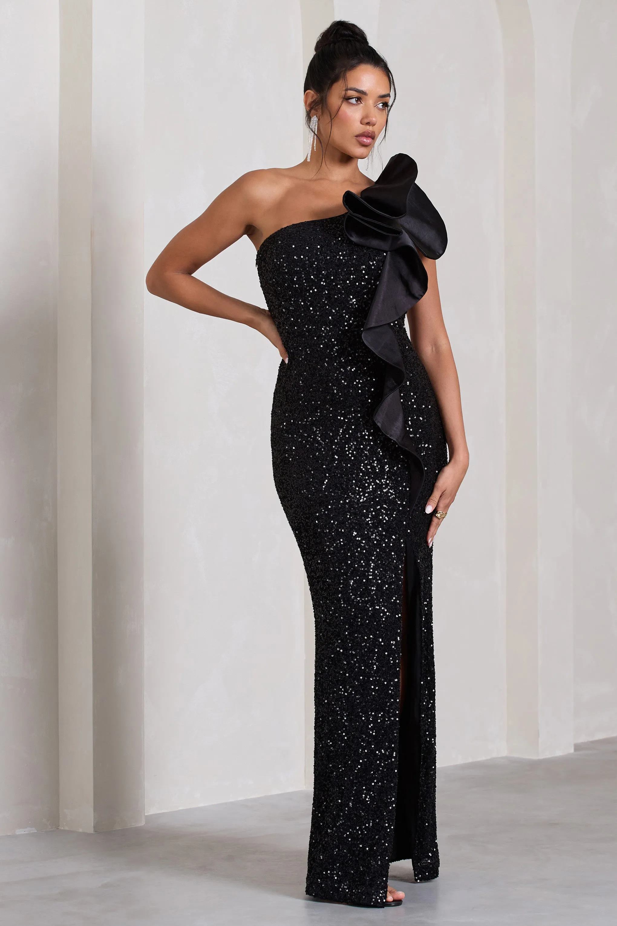 Award | Black Sequin One Shoulder Cut-Out Split Maxi Dress With Ruffle Detail