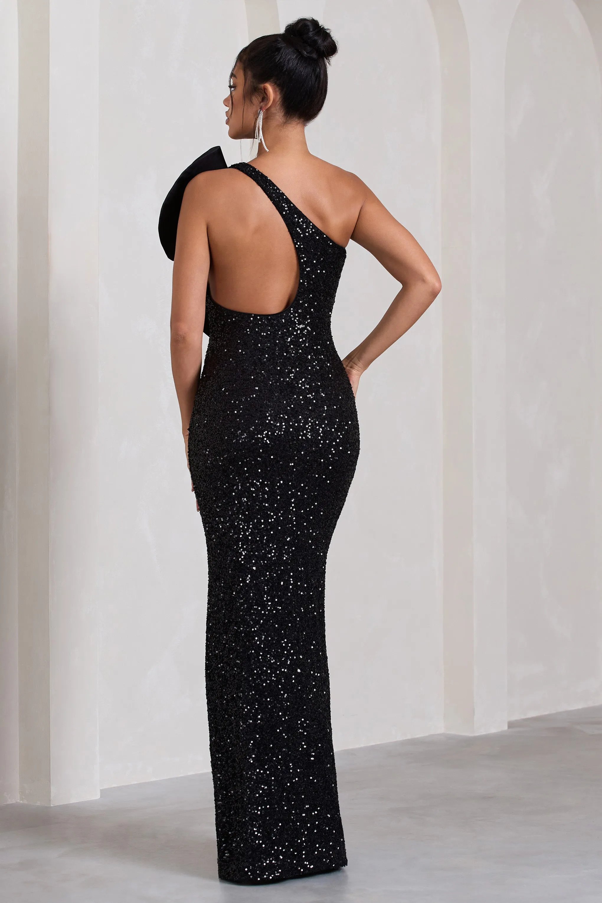 Award | Black Sequin One Shoulder Cut-Out Split Maxi Dress With Ruffle Detail