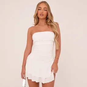 Bandeau Flippy Hem Mini Dress In White Slinky