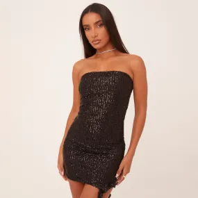 Bandeau Frilly Hem Mini Bodycon Dress In Black Sequin