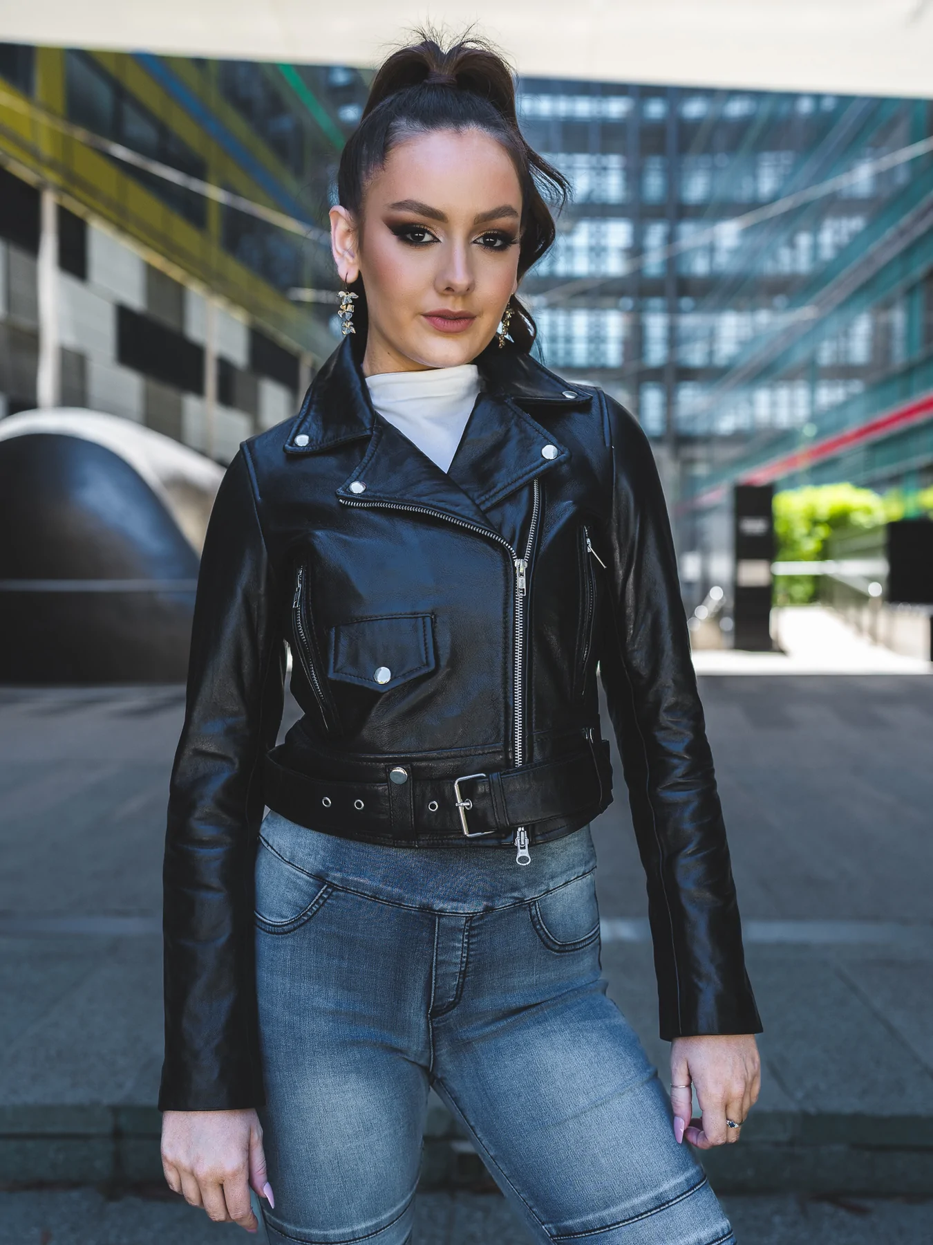 Belted Cropped Leather Jacket Womens