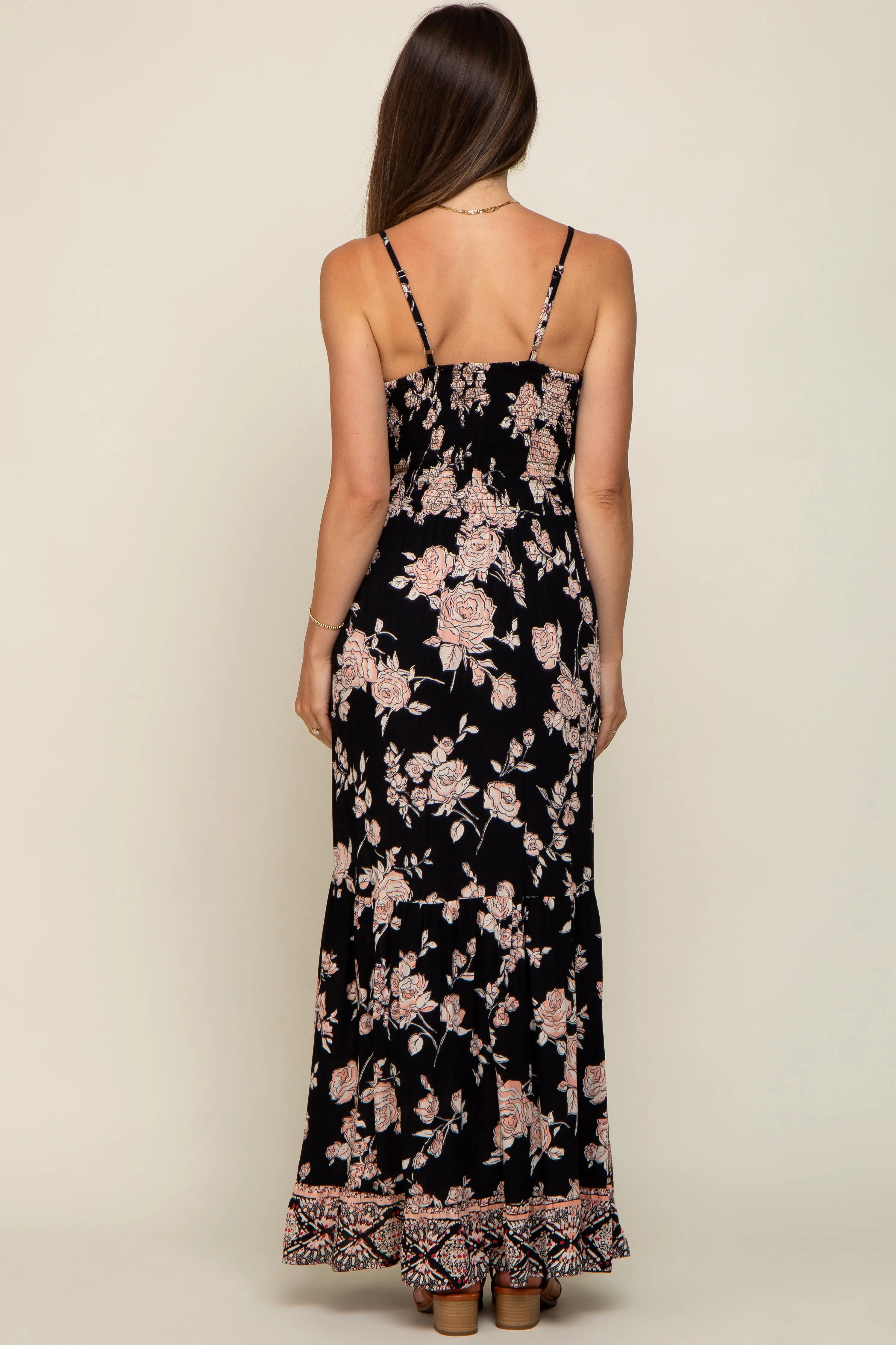 Black Floral Border Print Front Twist Maternity Maxi Dress