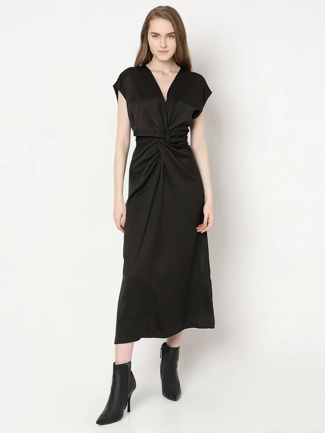 Black Front Knot Midi Dress