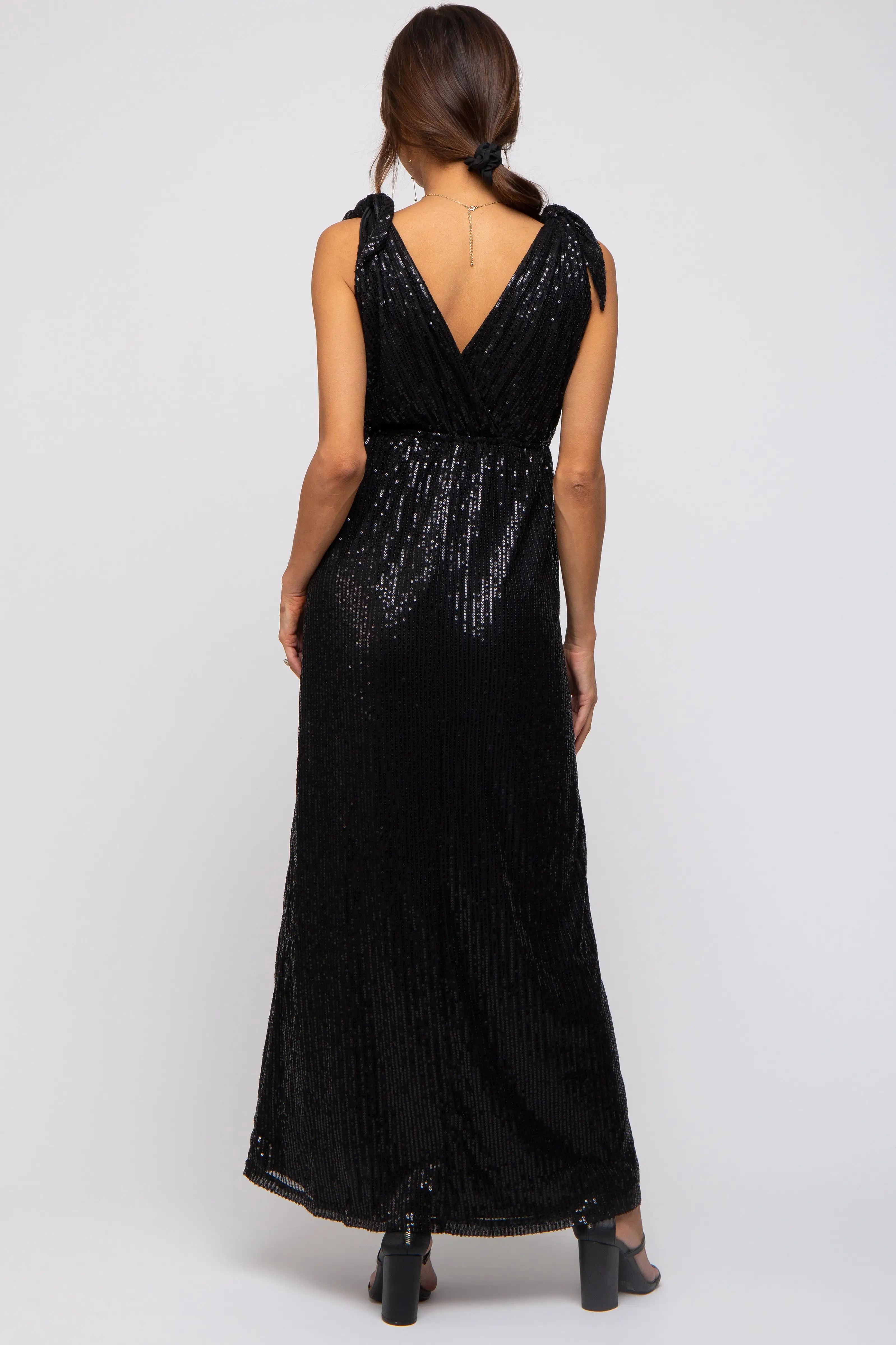 Black Sequin Sleeveless Wrap V-Neck Maternity Gown