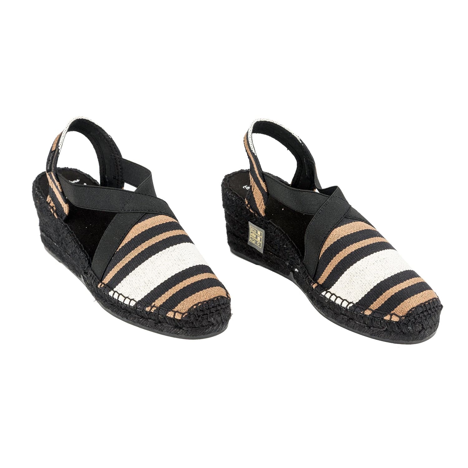 Black Striped Cotton Blend Wedge Espadrille for Women - Tarbes-BK