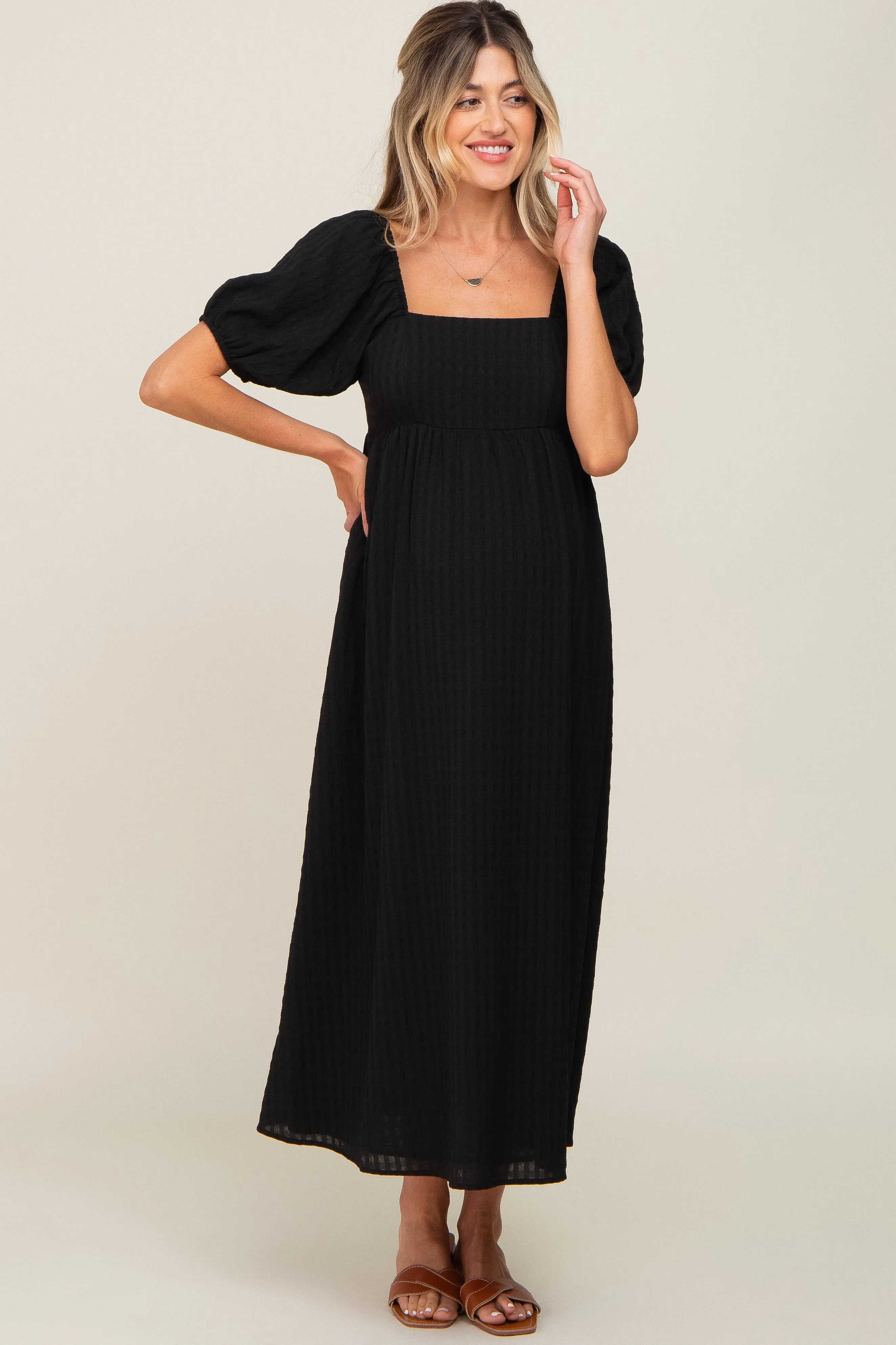 Black Textured Gingham Square Neck Maternity Maxi Dress