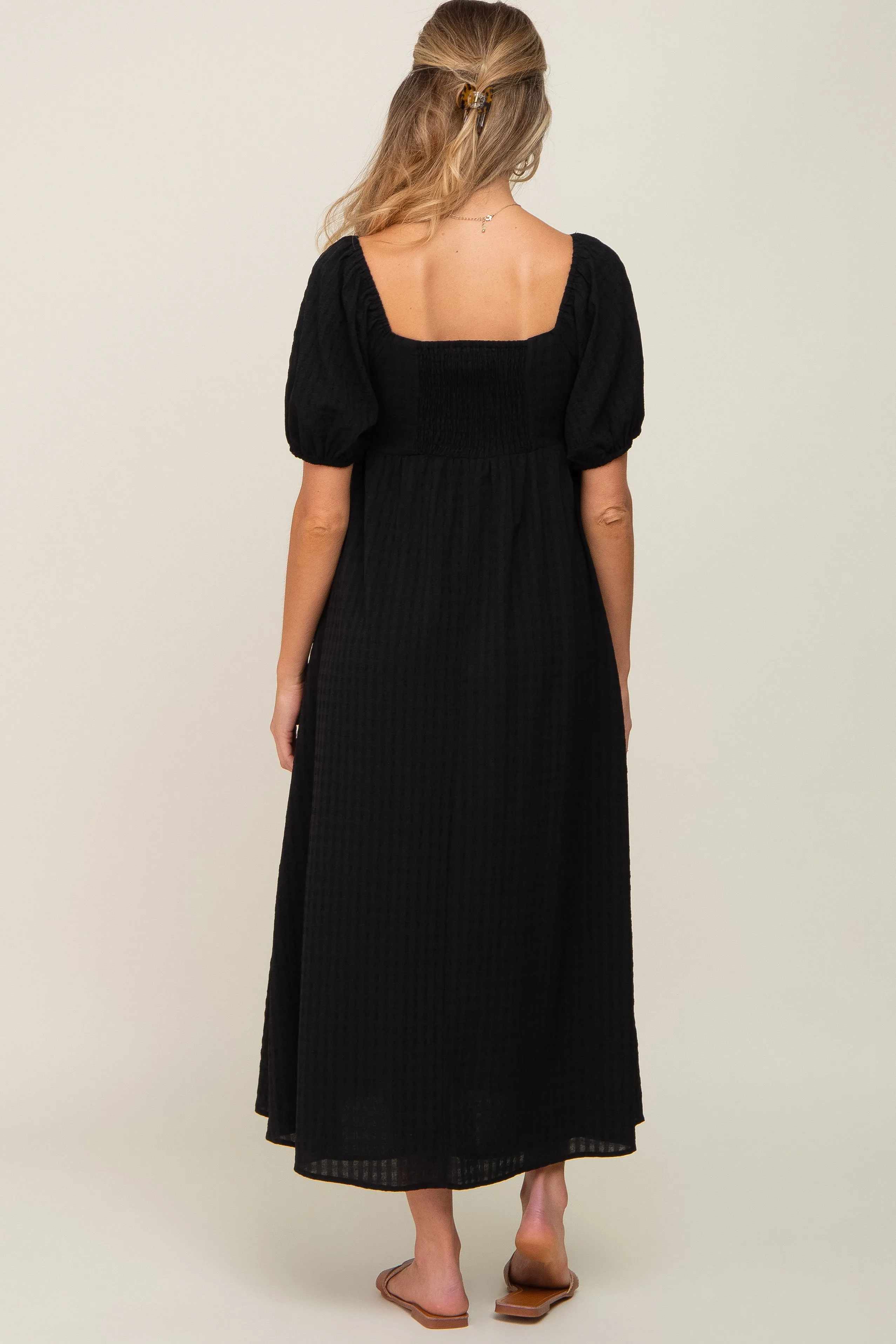 Black Textured Gingham Square Neck Maternity Maxi Dress