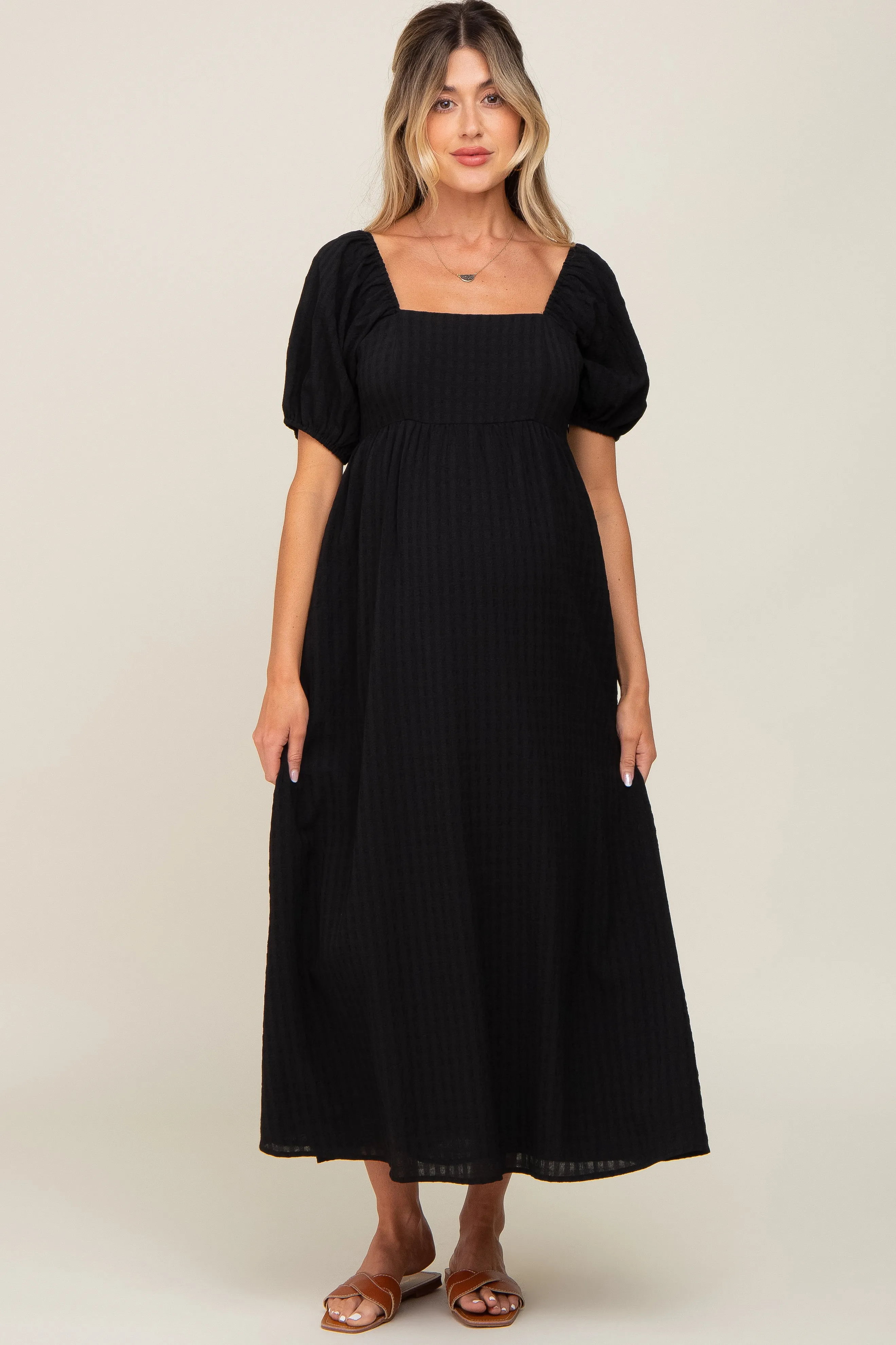 Black Textured Gingham Square Neck Maternity Maxi Dress