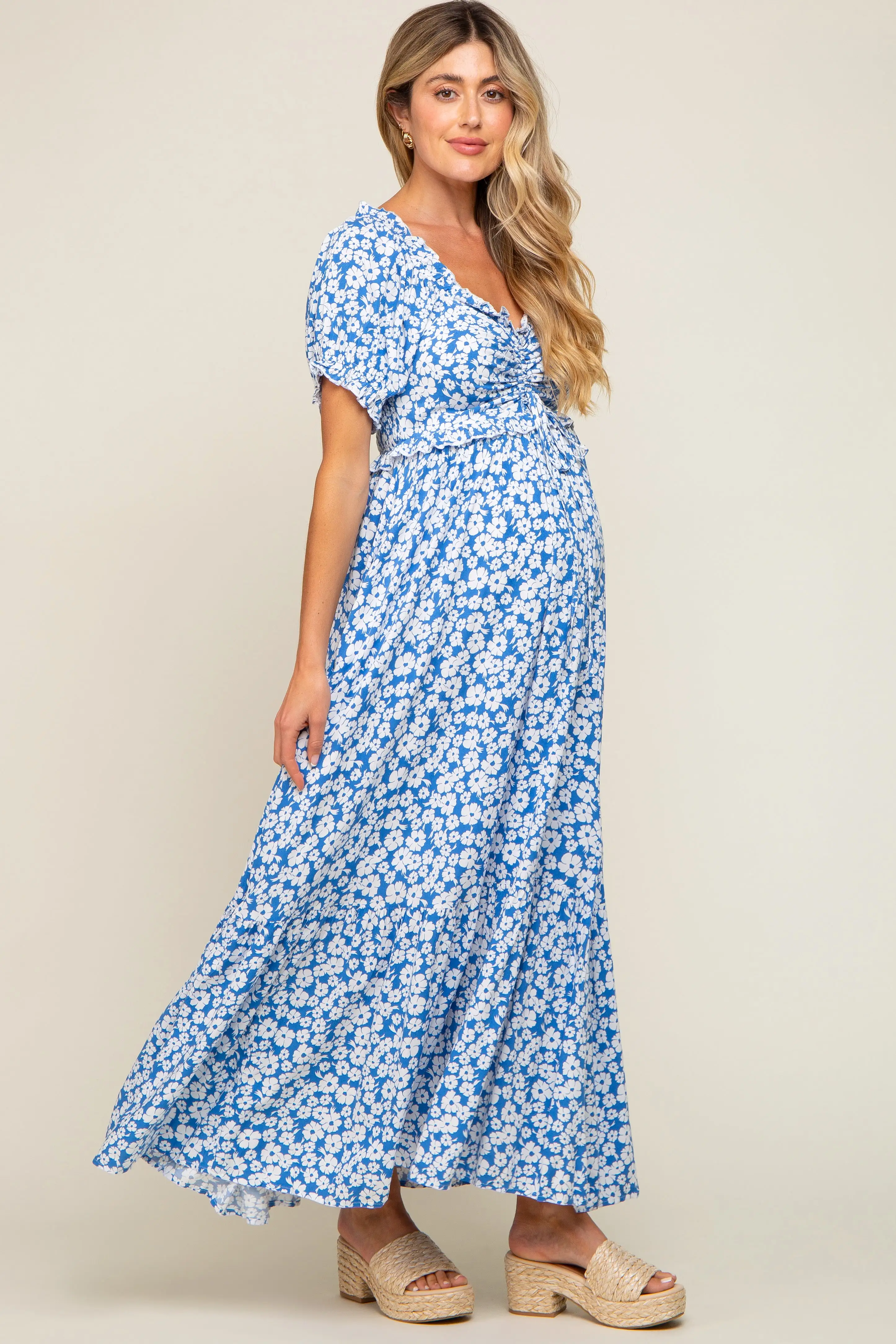 Blue Floral Cinched Bust Maternity Maxi Dress