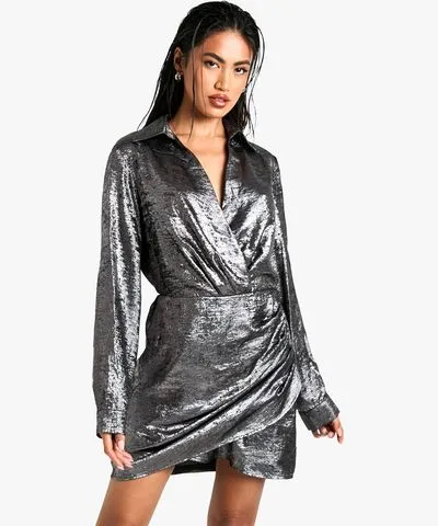 boohoo Womens Metallic Foil Drape Detail Mini Dress