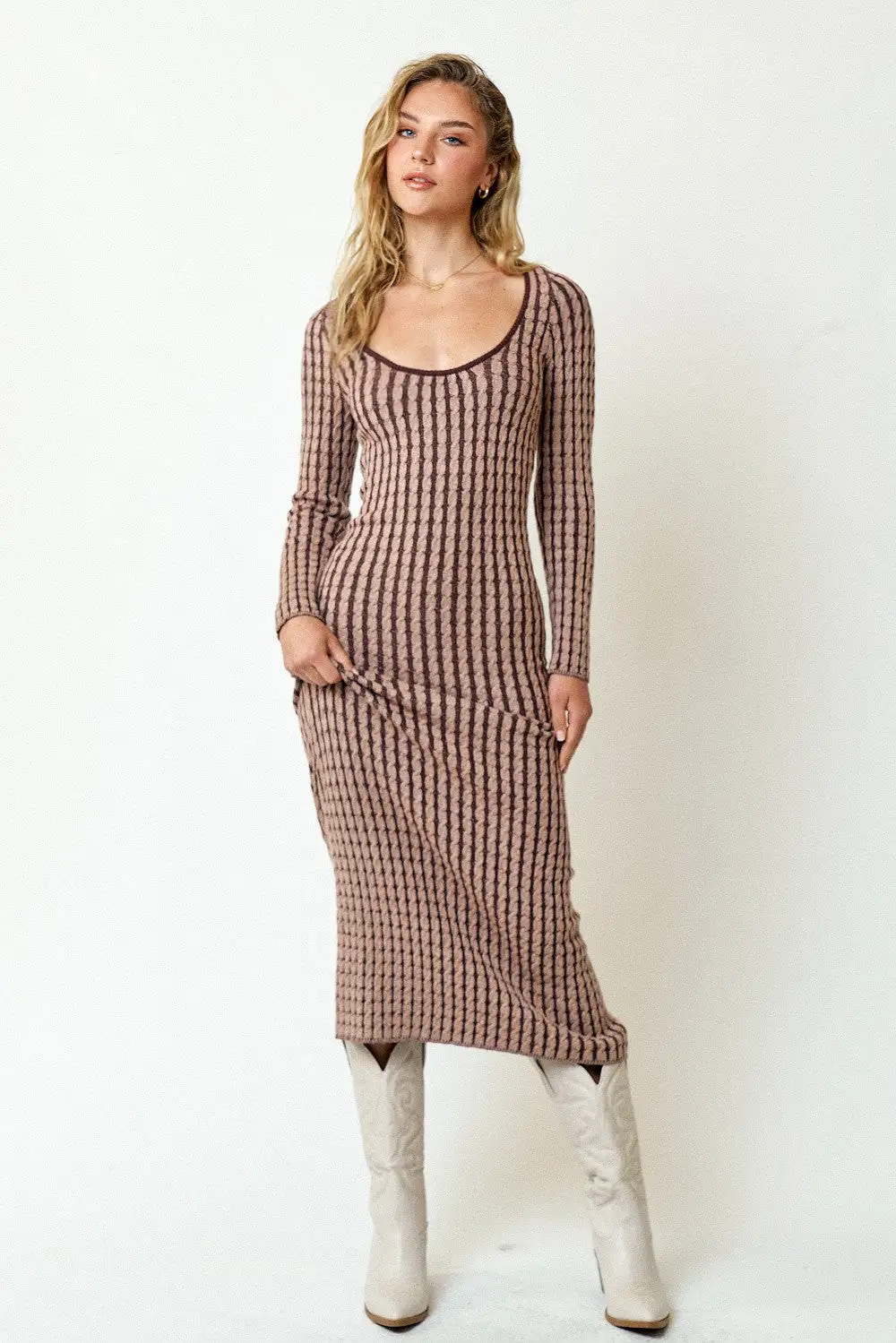 Brown Cable Knit Maternity Fitted Midi Dress