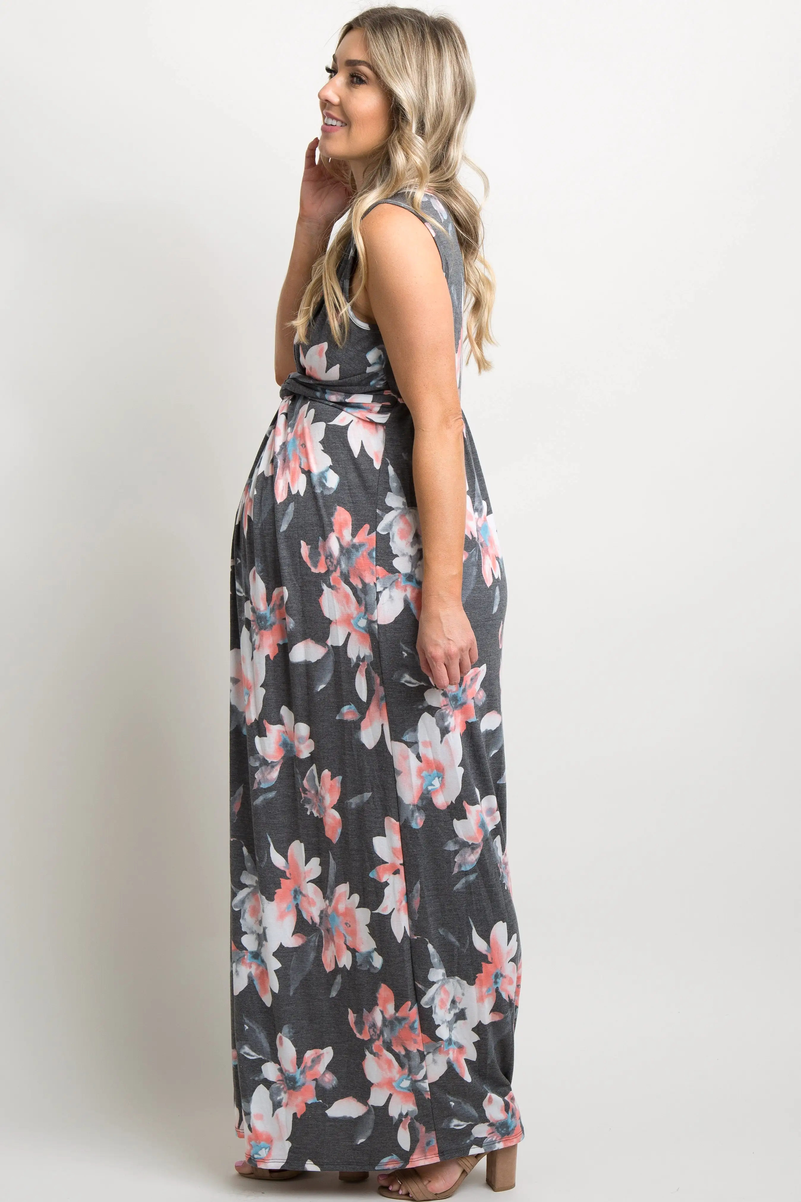 Charcoal Grey Floral Sleeveless Knot Front Maternity Maxi Dress