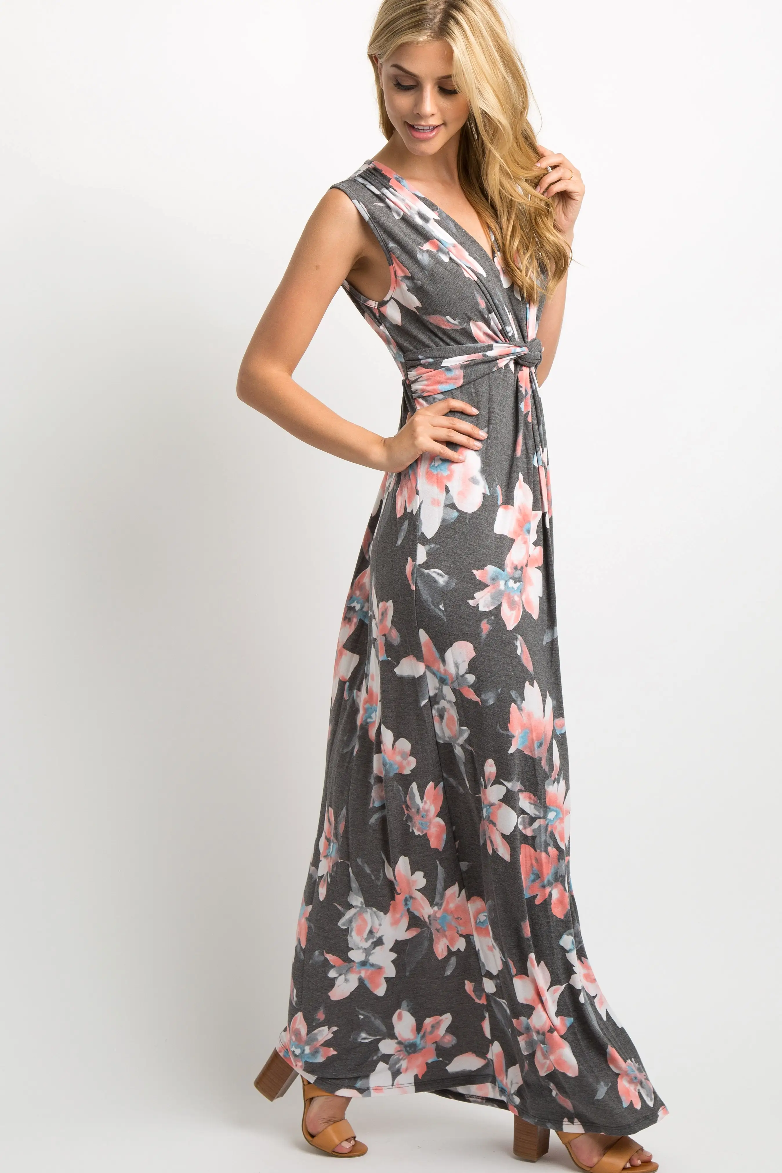 Charcoal Grey Floral Sleeveless Knot Front Maternity Maxi Dress