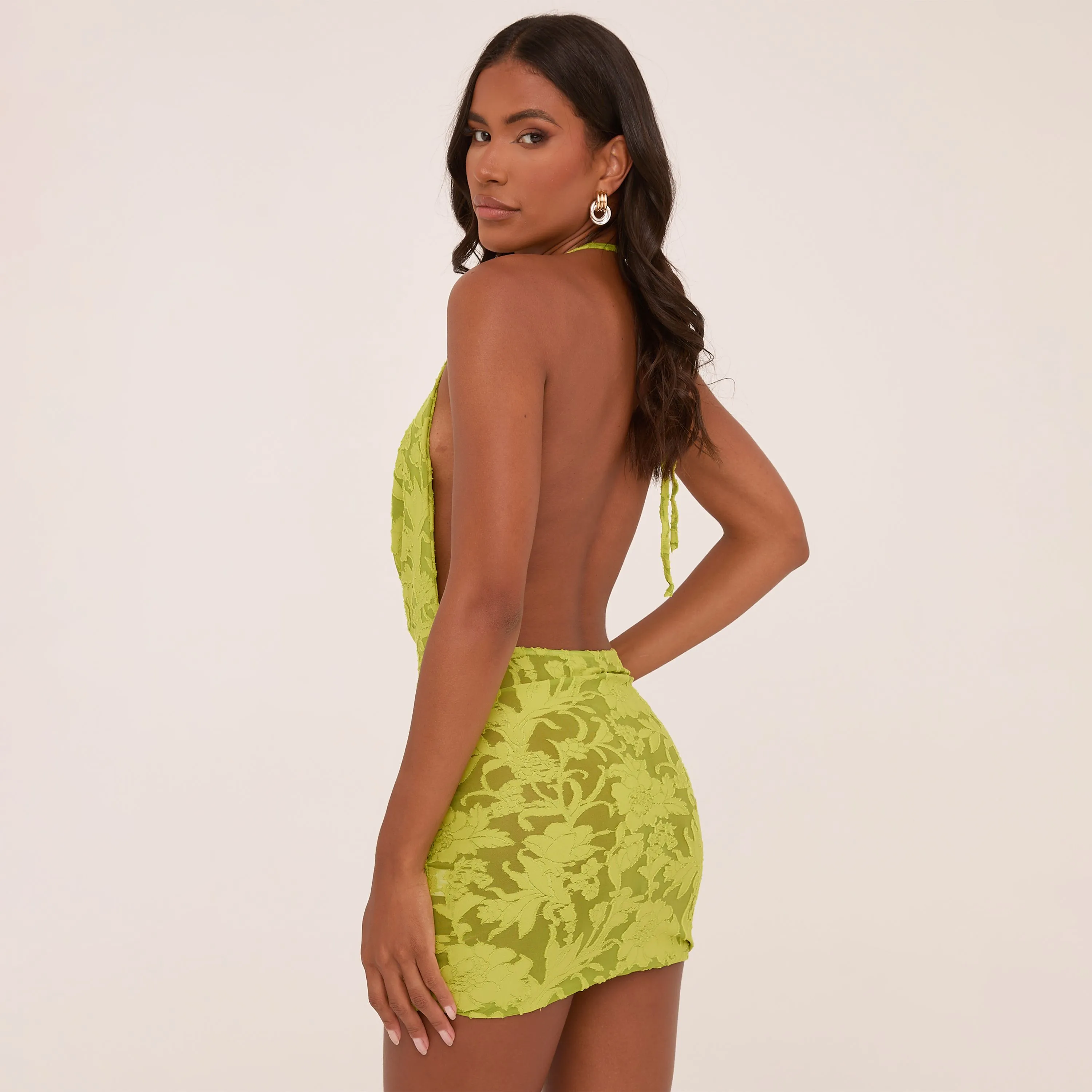 Cowl Neck Mini Bodycon Dress In Green Floral Devore