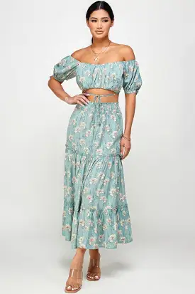 Floral Off Shoulder Sleeve Back Tie Top Skirt Set