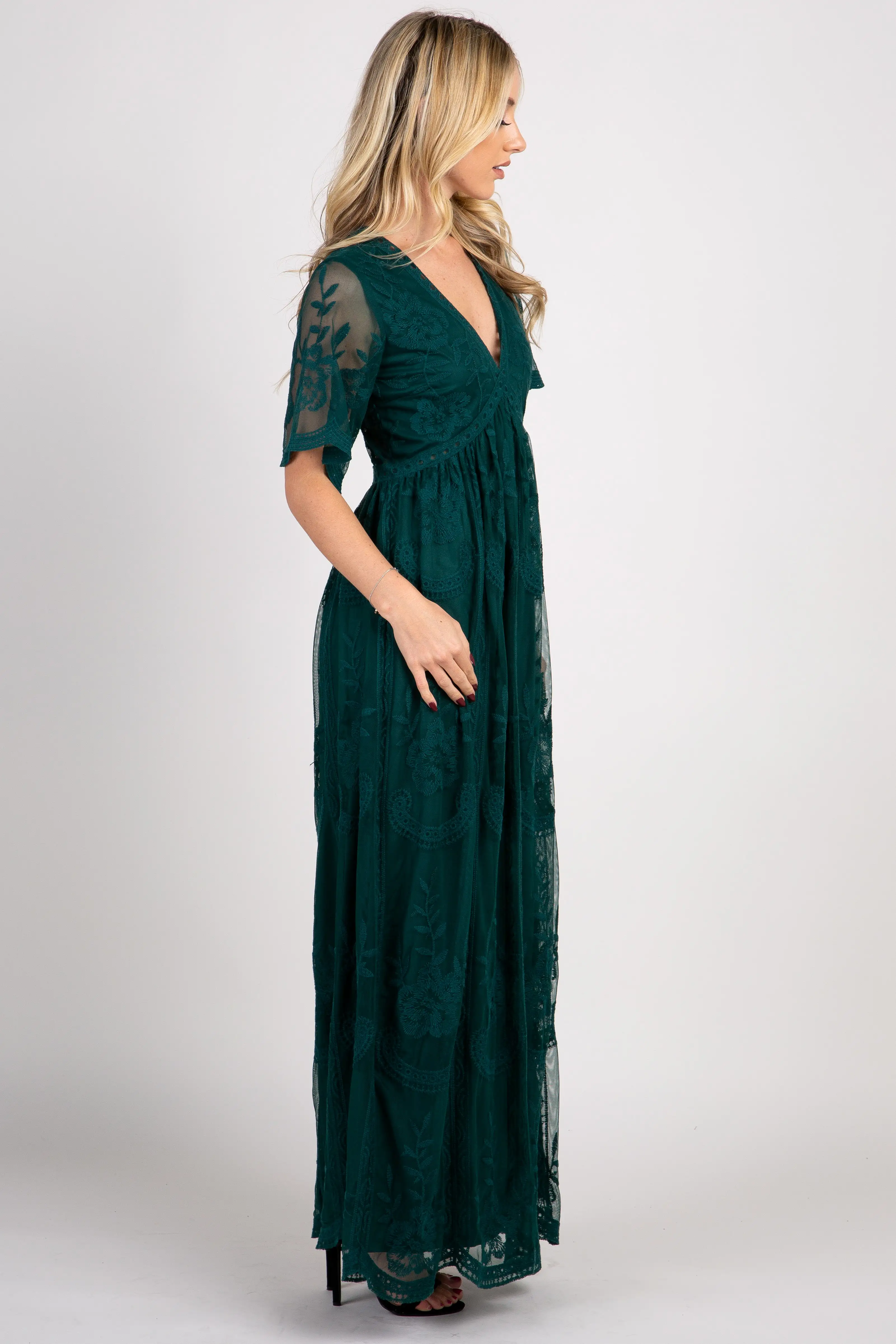 Forest Green Lace Mesh Overlay Maternity Maxi Dress