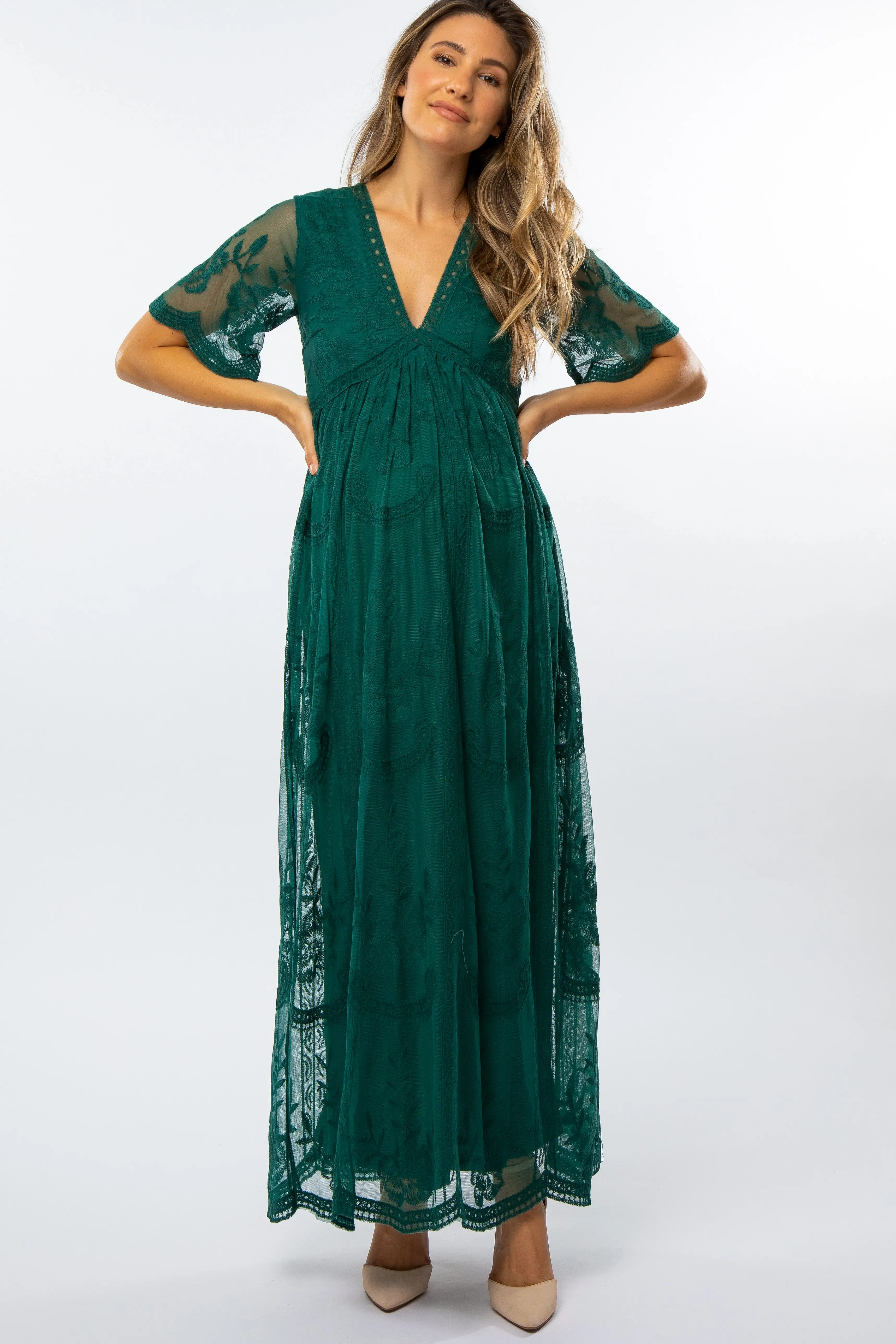 Forest Green Lace Mesh Overlay Maternity Maxi Dress