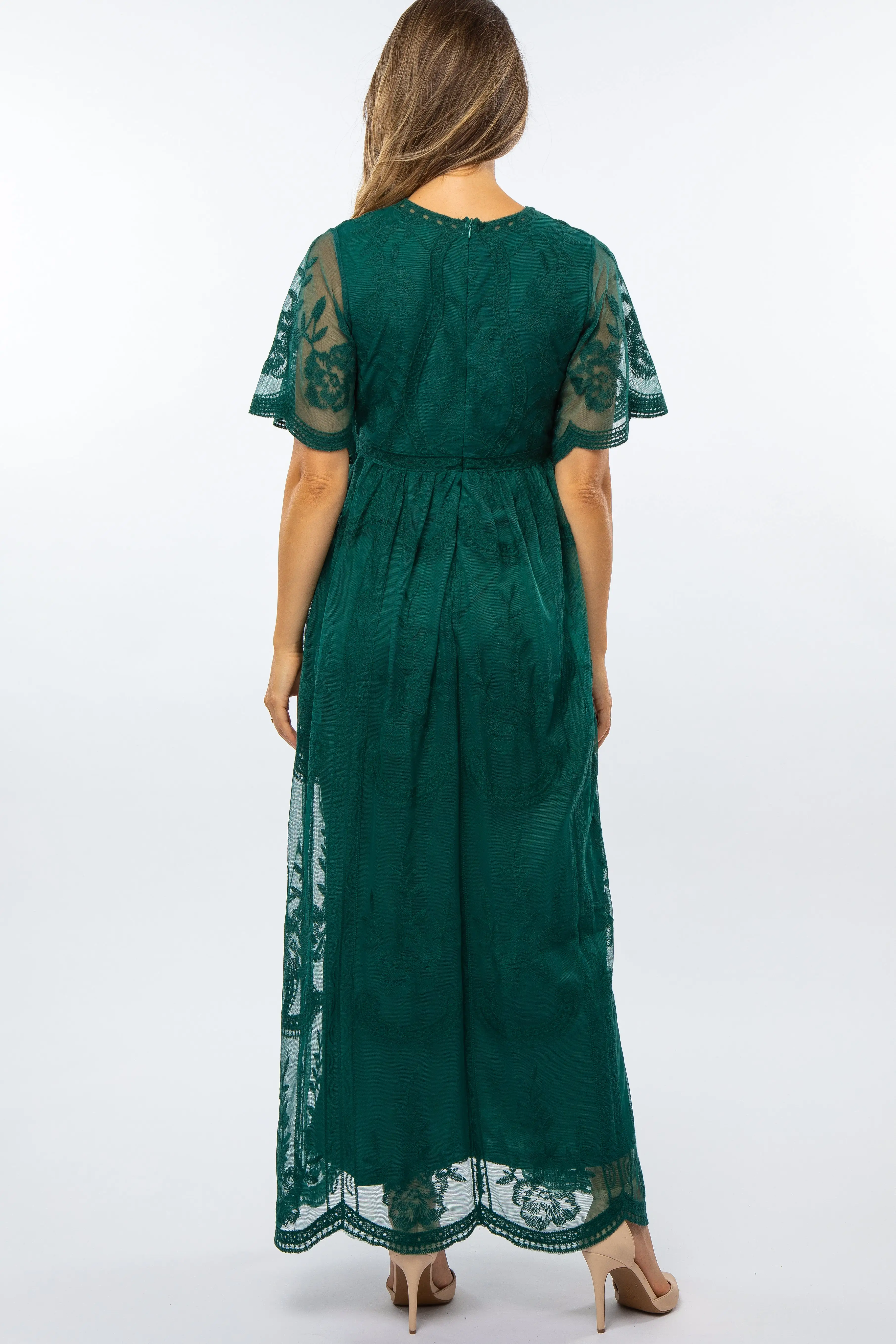 Forest Green Lace Mesh Overlay Maternity Maxi Dress