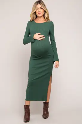 Forest Green Ribbed Side Slit Maternity Maxi Dress