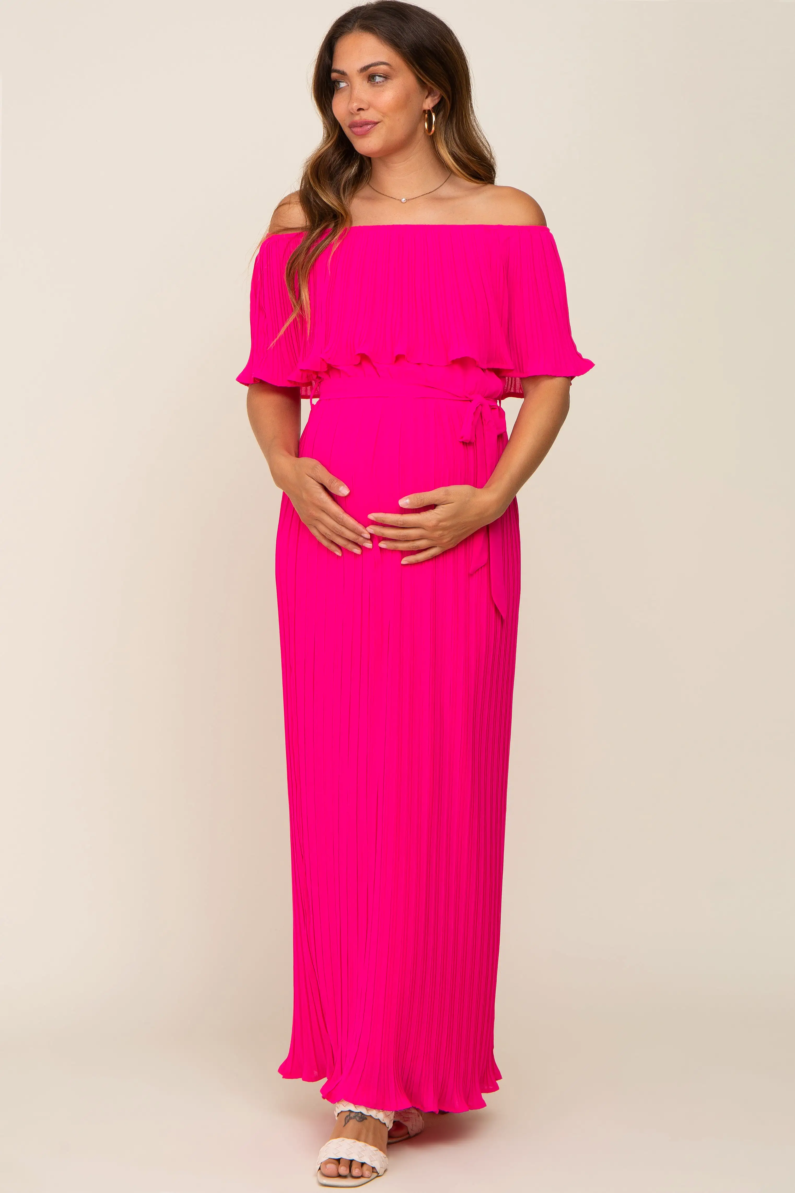 Fuchsia Pleated Off Shoulder Maternity Maxi Dress