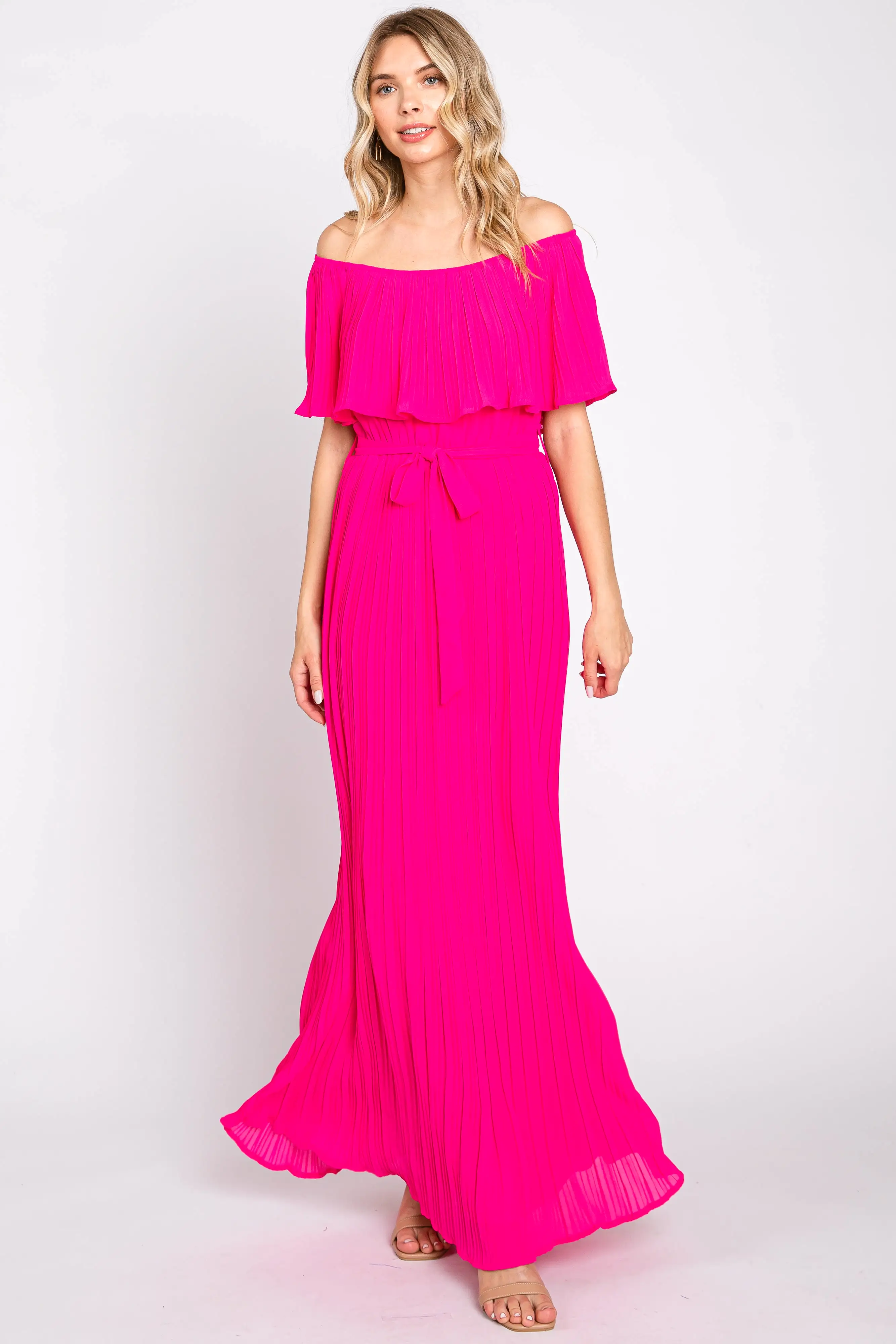 Fuchsia Pleated Off Shoulder Maternity Maxi Dress