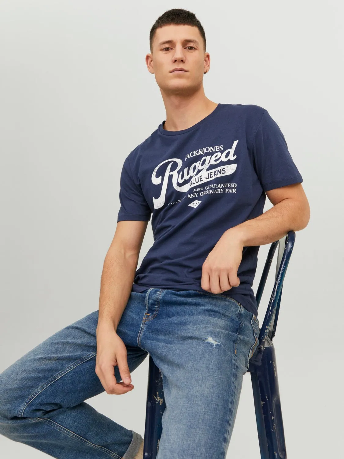 Jack & Jones Mens T-Shirt 'JJEJEANS TEE' Print Crew Neck