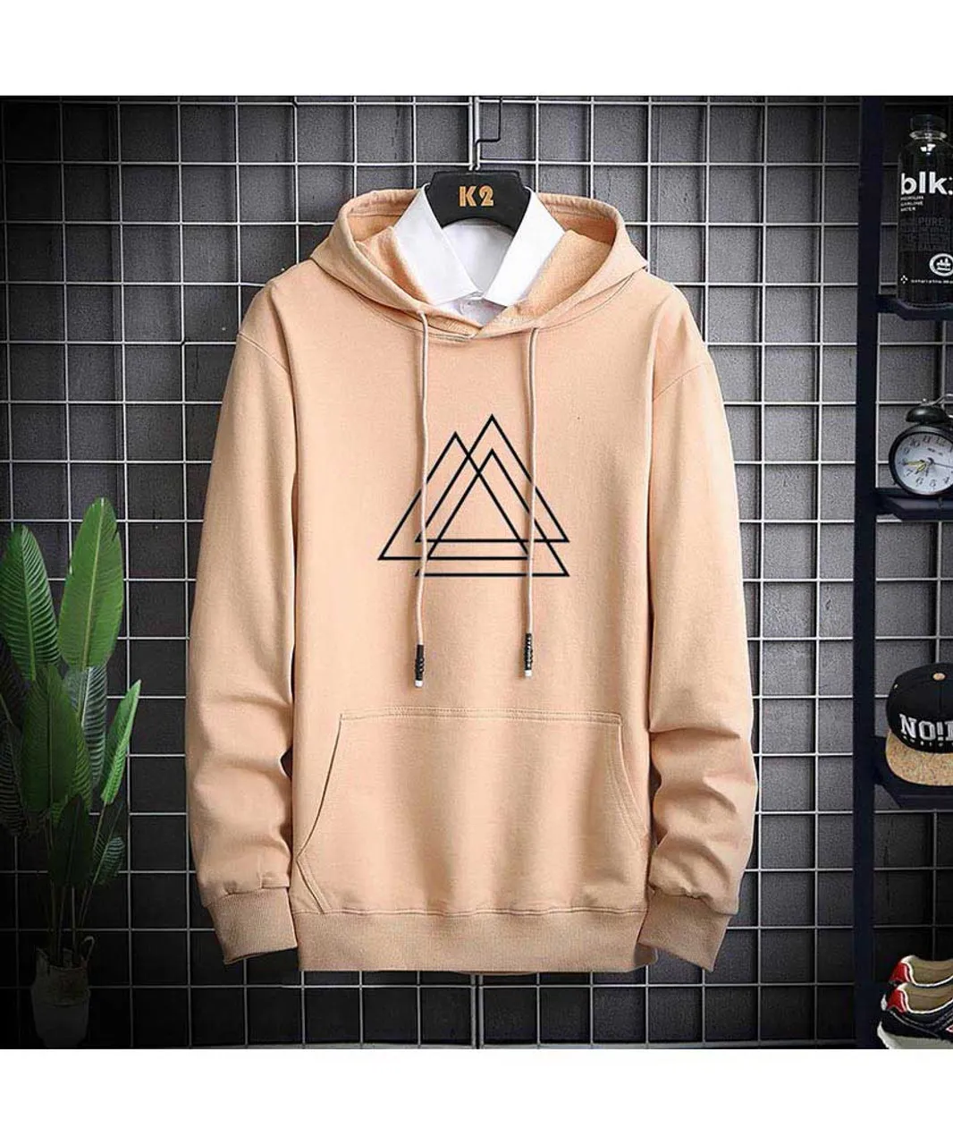 Khaki triple triangle pattern print pull over hoodies