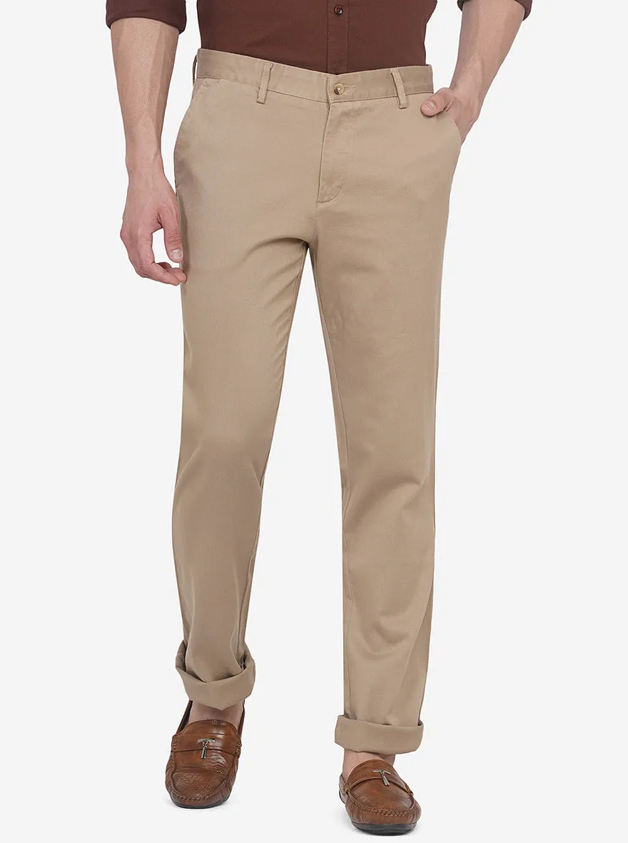 Light Khaki Solid Slim Fit Casual Trouser | Greenfibre