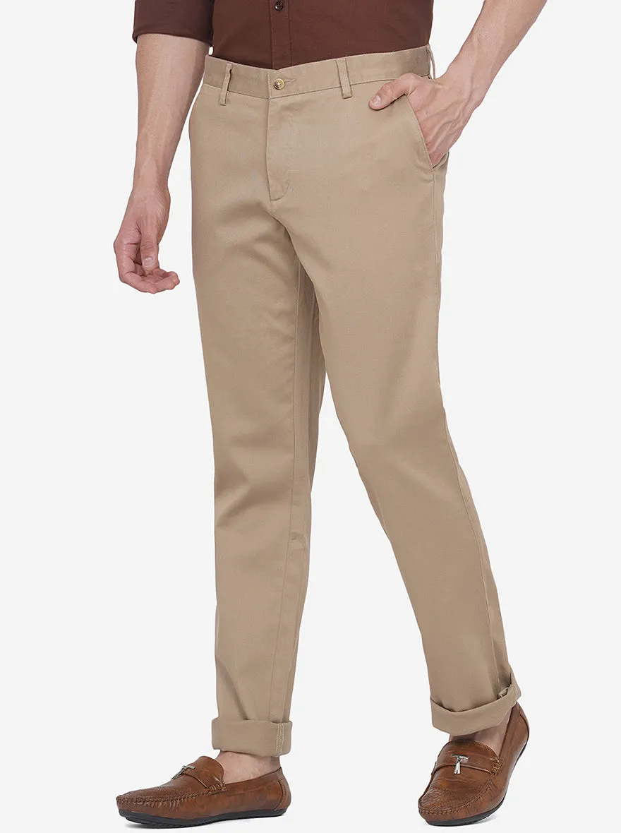 Light Khaki Solid Slim Fit Casual Trouser | Greenfibre