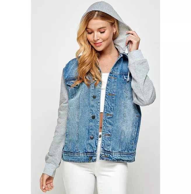 Long Sleeve Fleece Denim Jacket With Hoodies