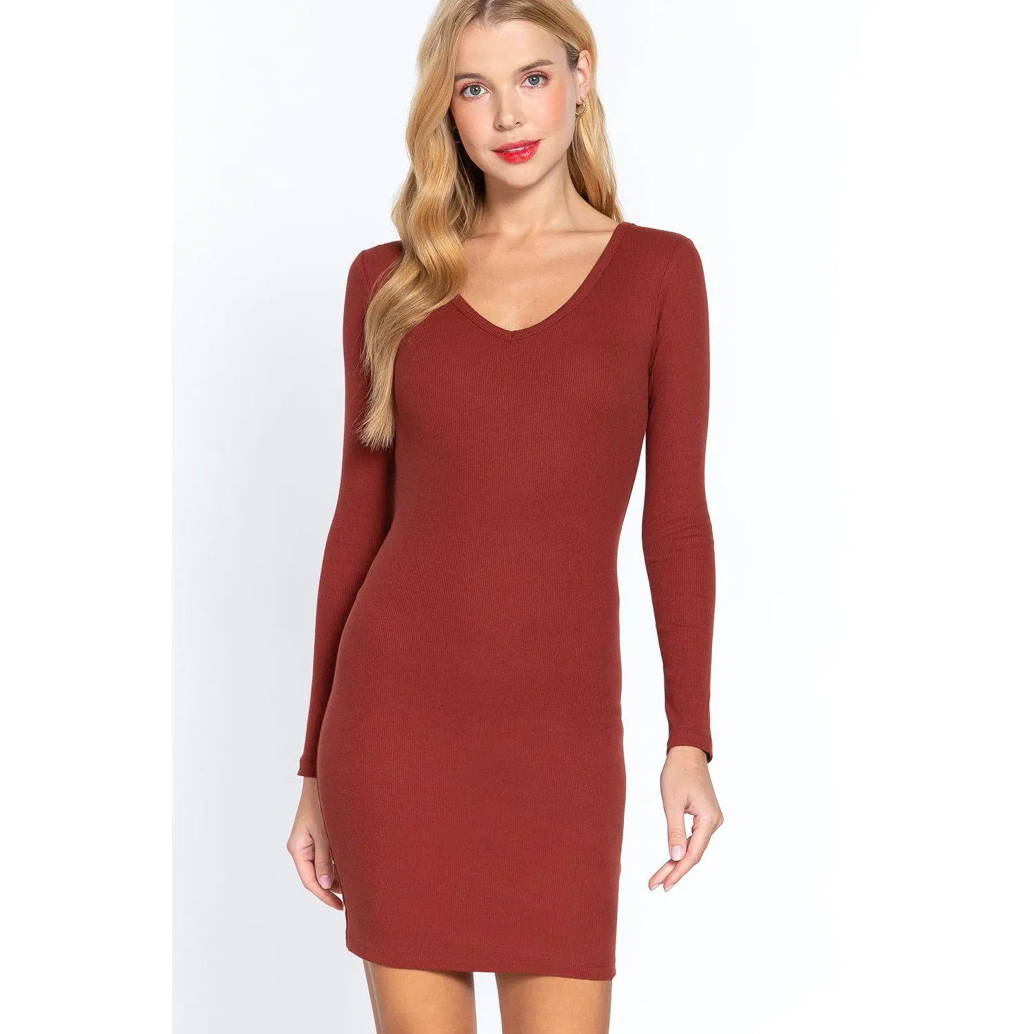 Long Slv V-neck Mini Rib Dress