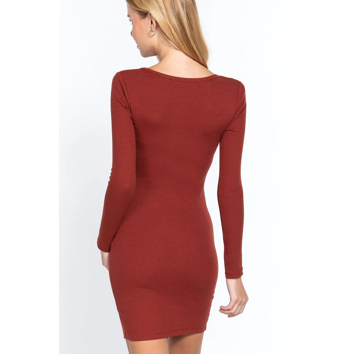 Long Slv V-neck Mini Rib Dress