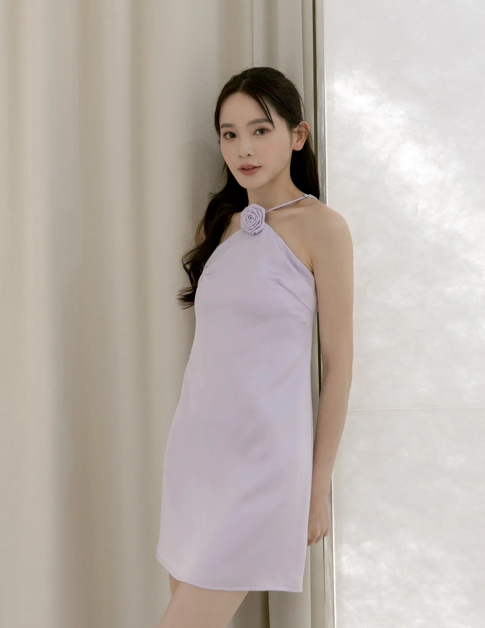 Lyra Satin Halter Dress in Lilac