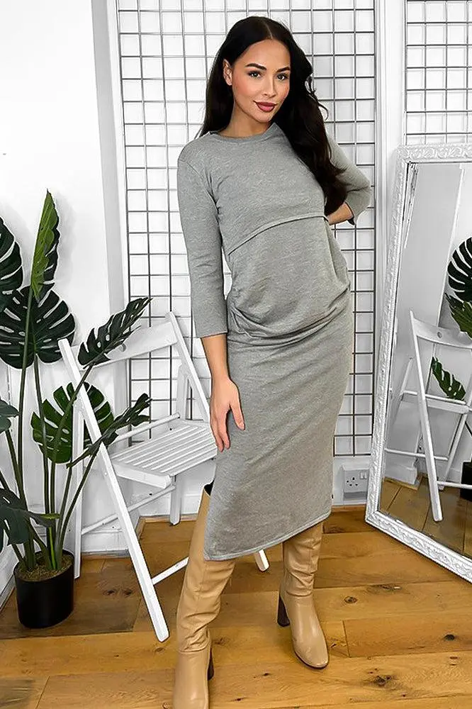 Maternity Grey Side Splits Flat Knit Maxi Dress