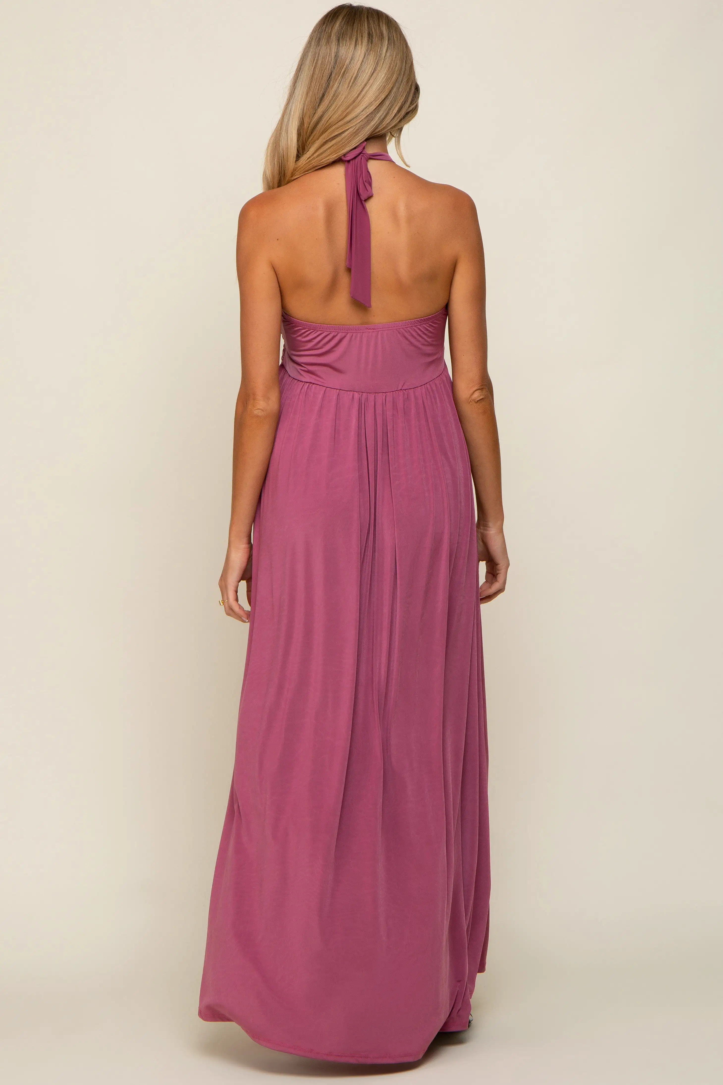 Mauve Front Knot Halter Maternity Maxi Dress