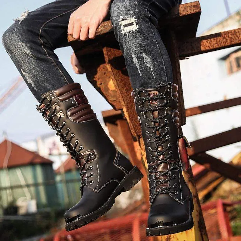 Men's Punk Pocket Lace Up Faux Leather Army Boots Riding Boots Moto Boots