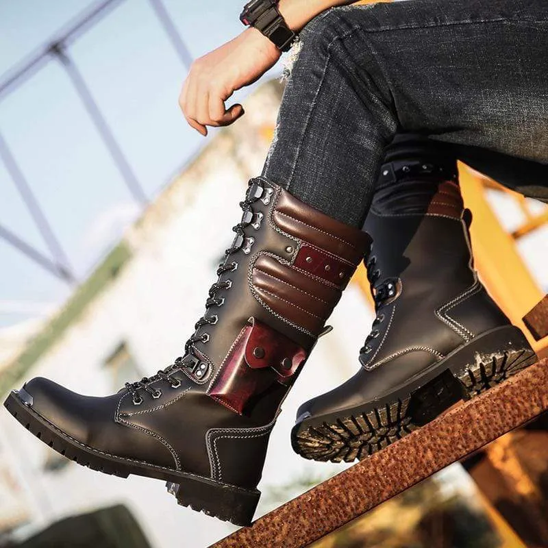 Men's Punk Pocket Lace Up Faux Leather Army Boots Riding Boots Moto Boots