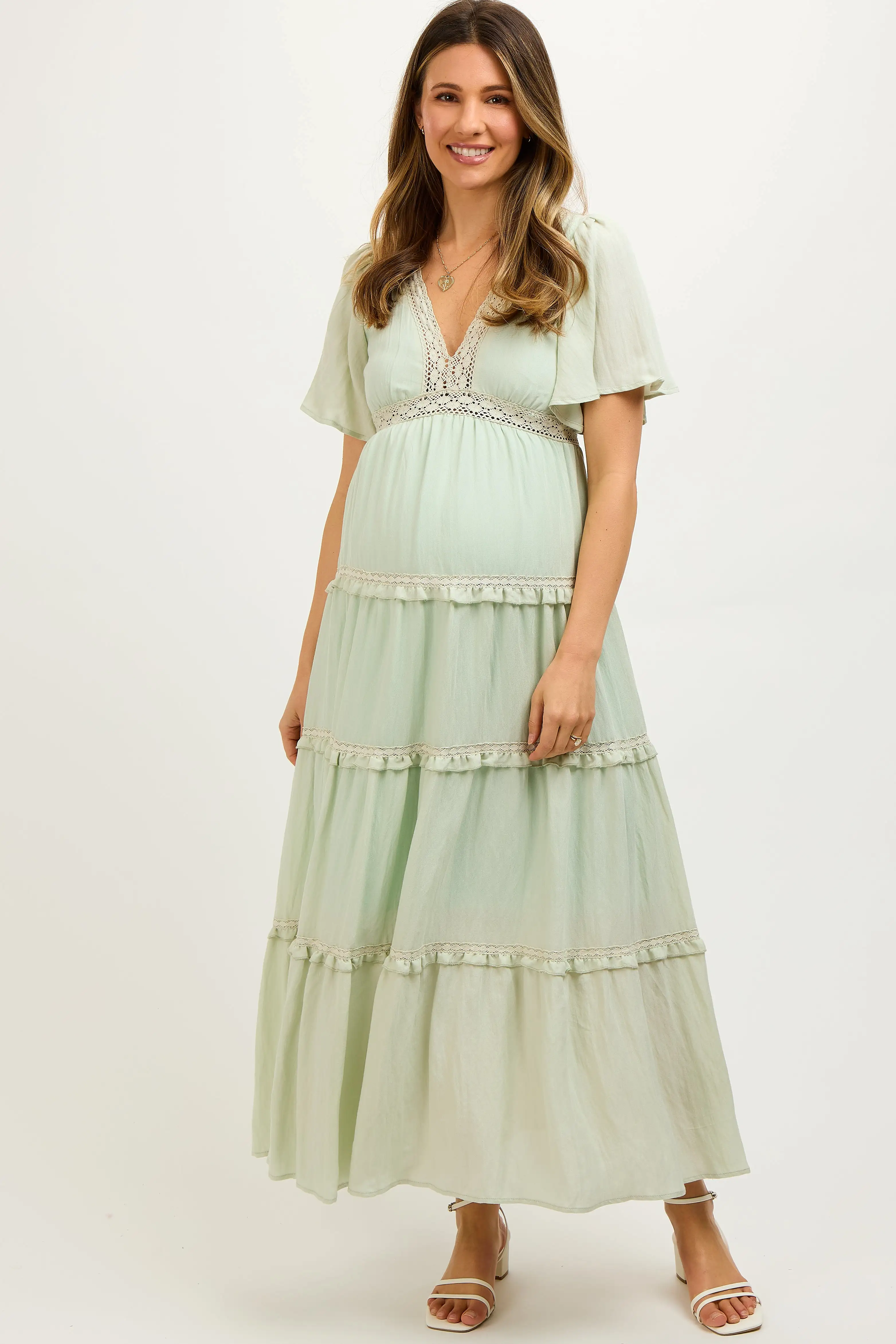 Mint Crochet Lace Tiered Maternity Maxi Dress