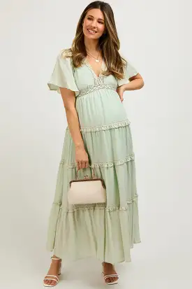 Mint Crochet Lace Tiered Maternity Maxi Dress