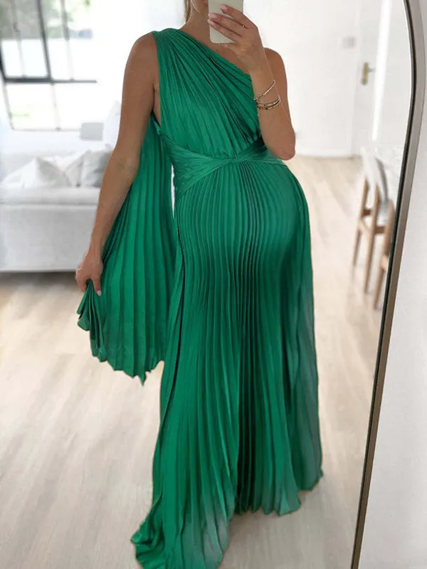 Momnfancy Elegant Green Pleated Side Draped Irregular Oblique Shoulder Maternity Occasion Maxi Dress