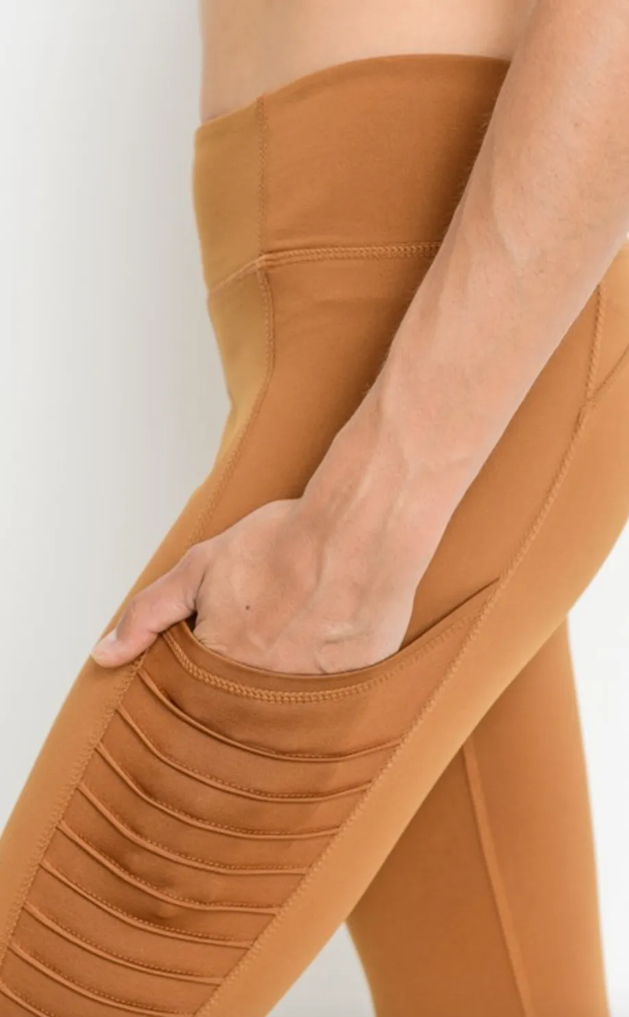 Moto Ribbed Splice Mesh Pocket Full Leggings-Camel -(Final Sale)