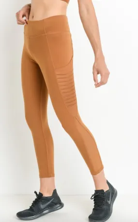 Moto Ribbed Splice Mesh Pocket Full Leggings-Camel -(Final Sale)