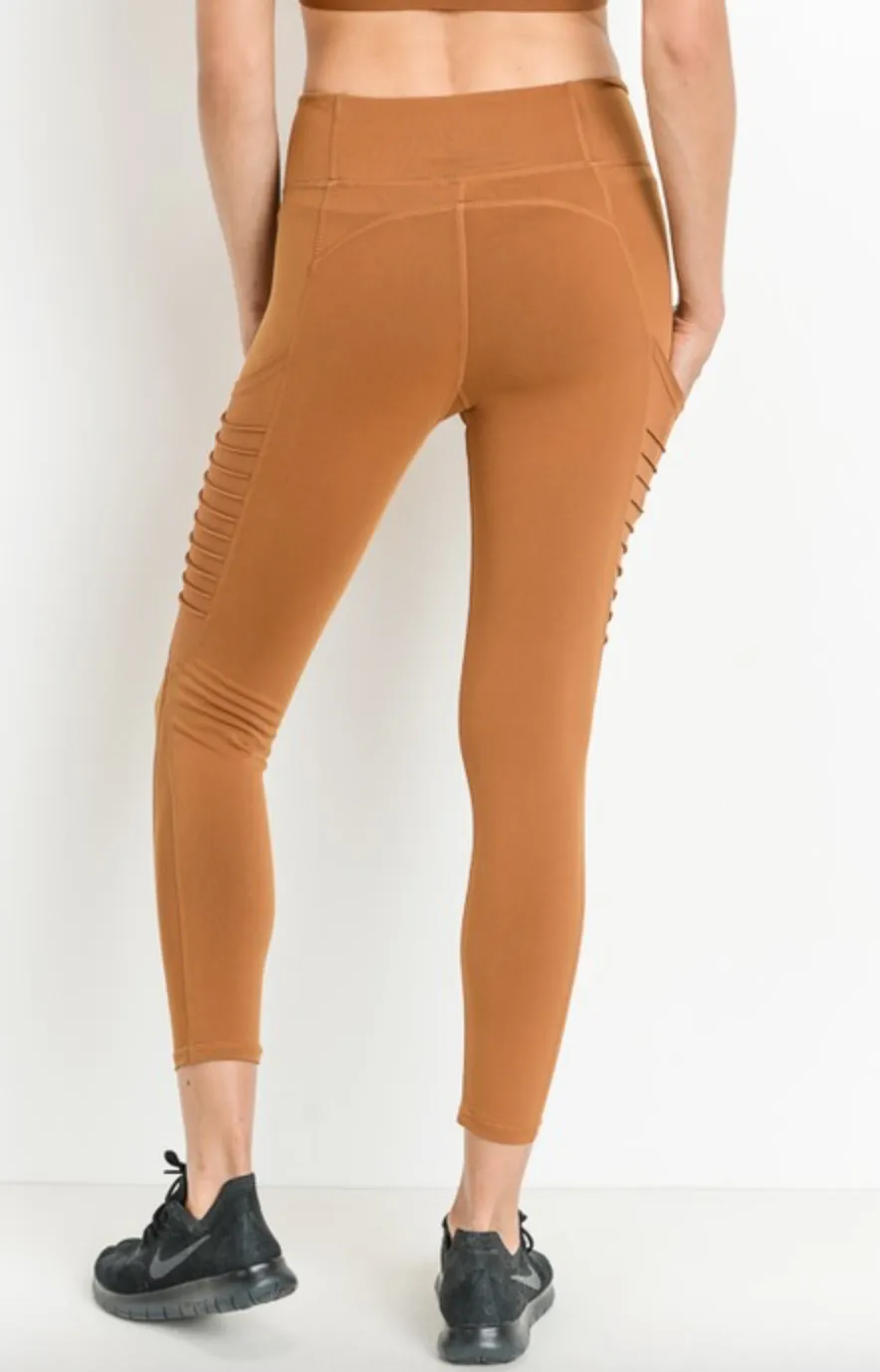 Moto Ribbed Splice Mesh Pocket Full Leggings-Camel -(Final Sale)