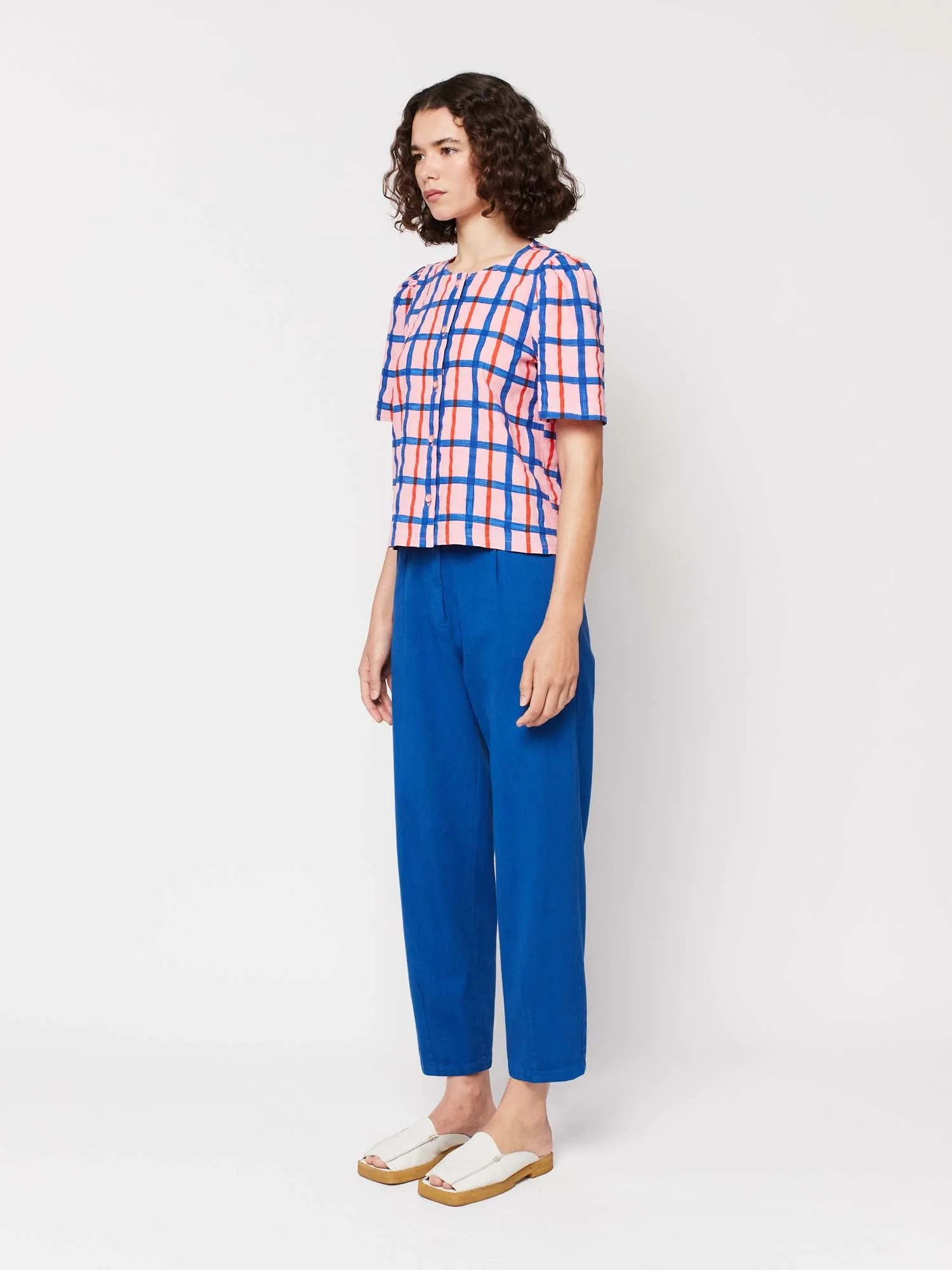 Multicoloured Check Print Puff Sleeve Buttoned Shirt