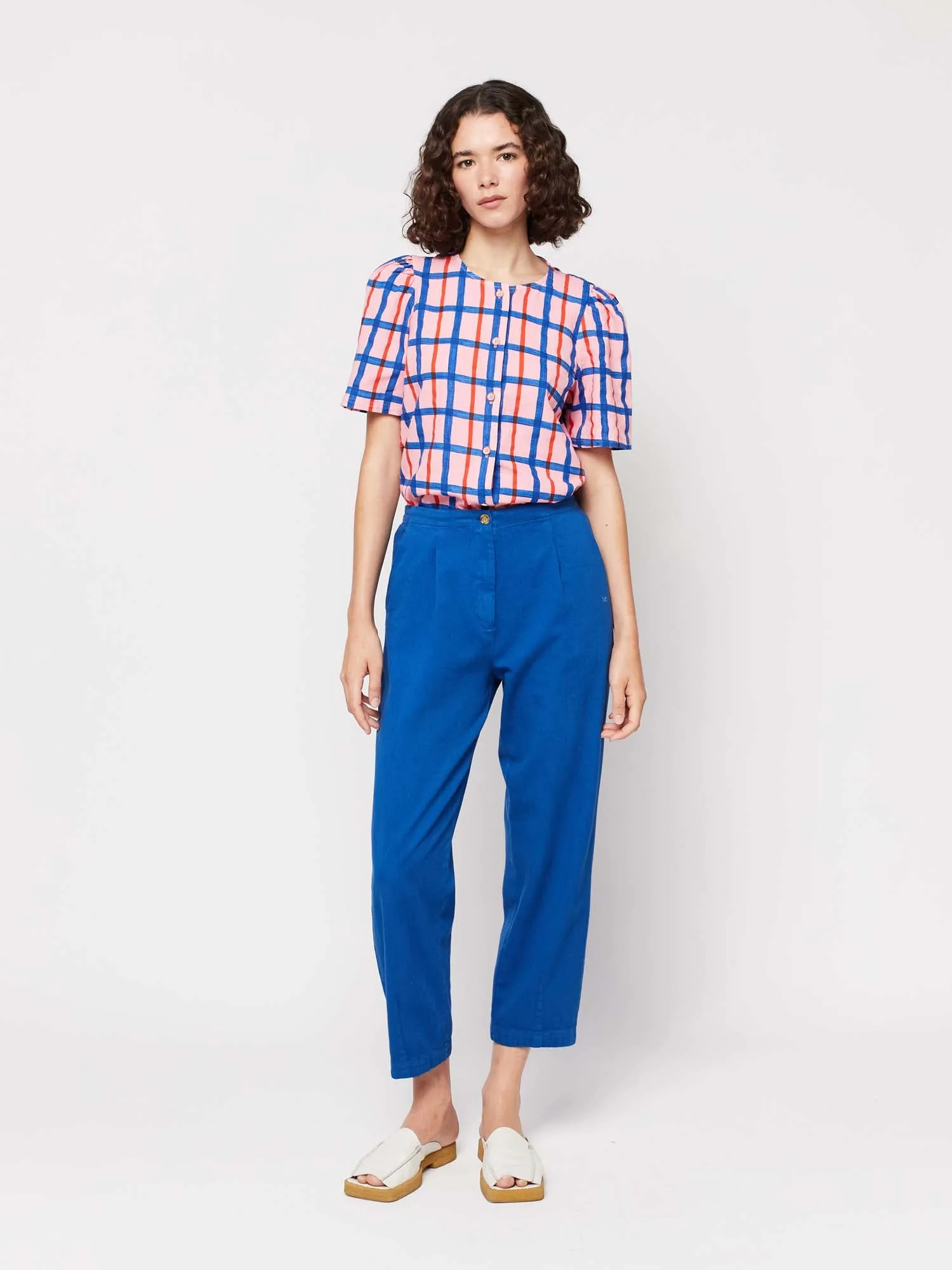 Multicoloured Check Print Puff Sleeve Buttoned Shirt