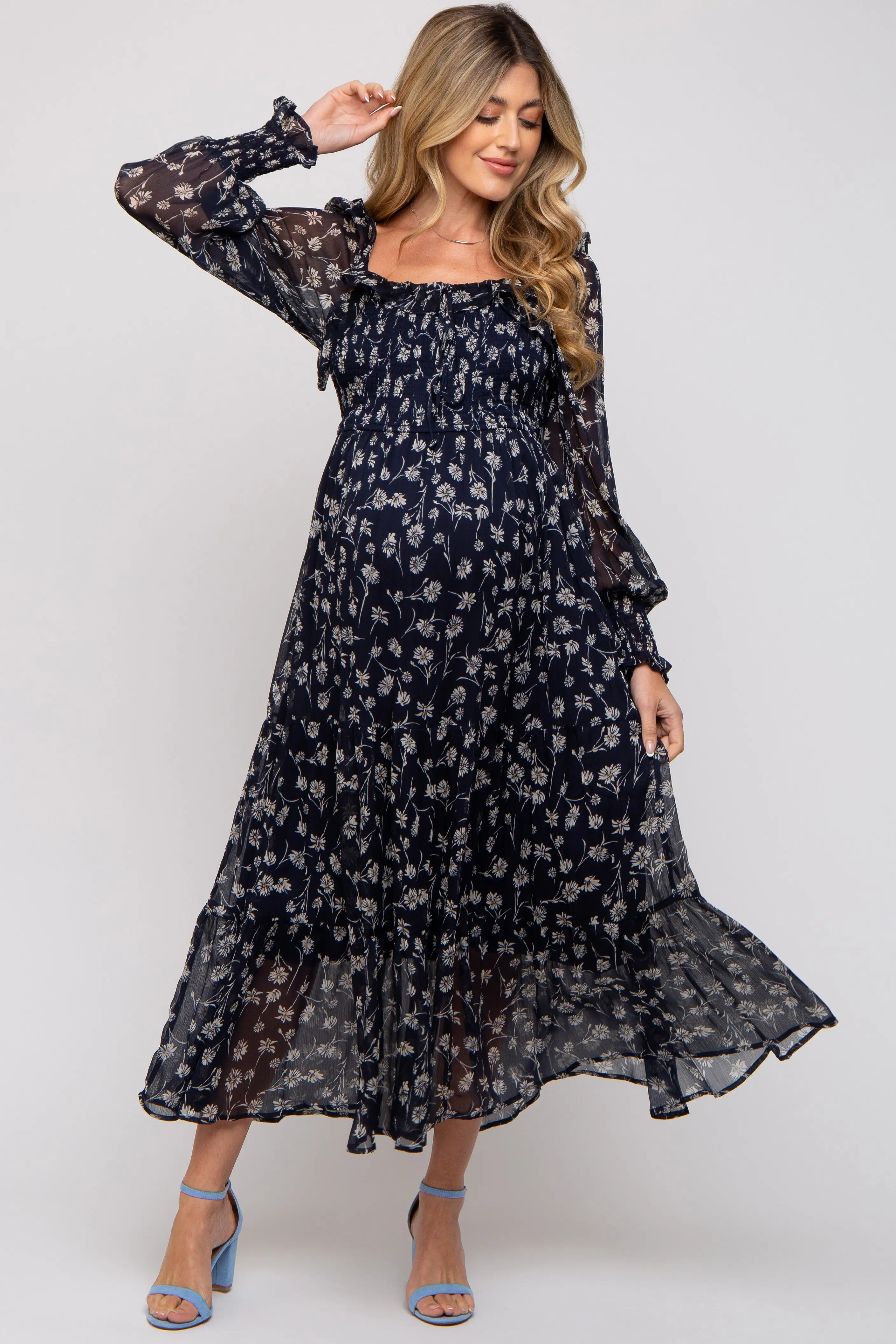 Navy Blue Floral Ruffle Square Neck Smocked Maternity Maxi Dress