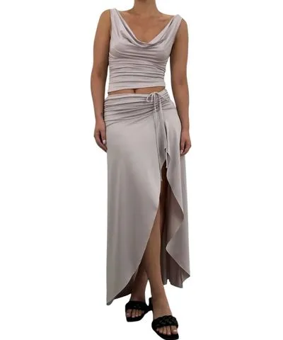 NIA Asymmetrical Ruched Midi Skirt In Taupe