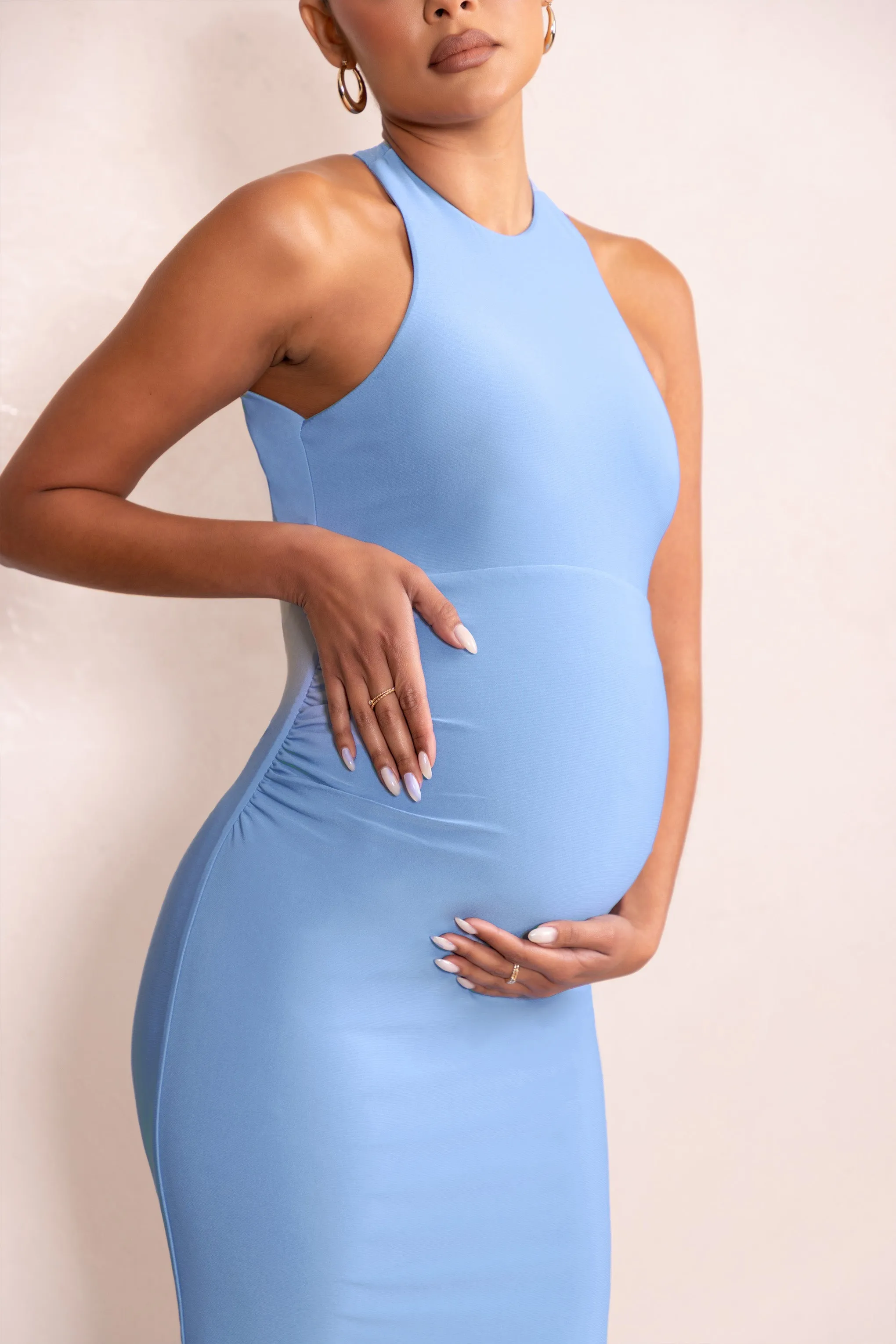 Nyssa | Powder Blue High Neck Sleeveless Maternity Maxi Dress